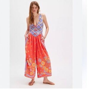 free people linen floral jumpsuit xs wide leg boho summer dreamy vacation outfit